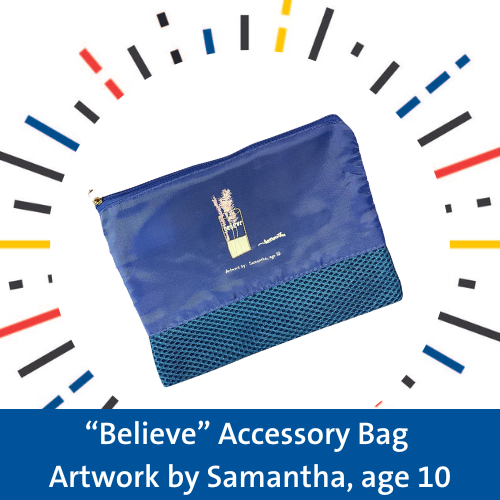 Duke blue accessory bag with child's artwork surrounded by a colorful burst. Believe accessory bag. Artwork by Samantha, age 10